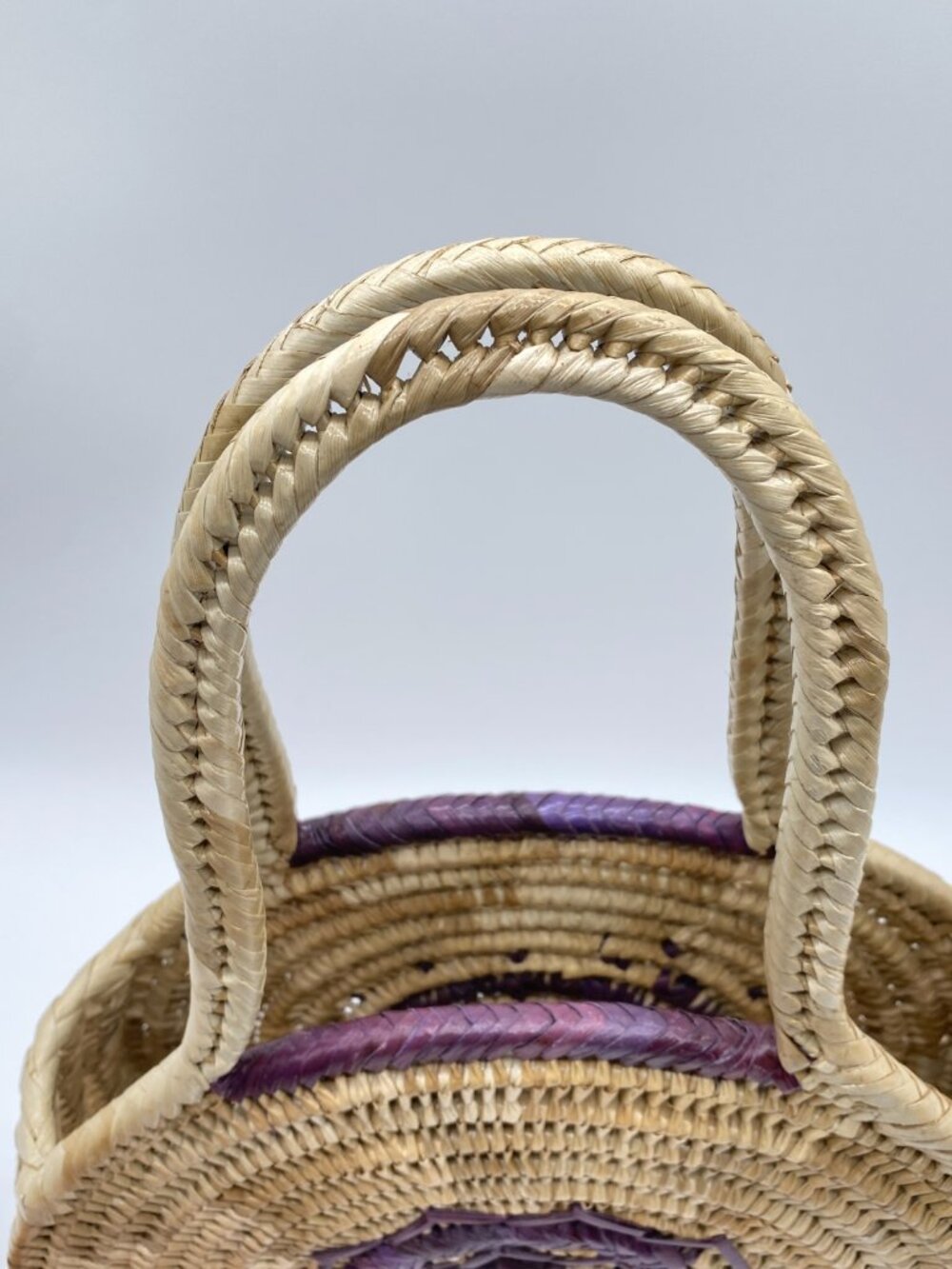 Handwoven Round Straw Tote Bag Purple Floral Boho Beach Market Basket - Picture 6 of 8